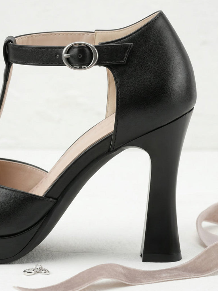 Chaussures à Talon Haut Bride en T Noir Uni