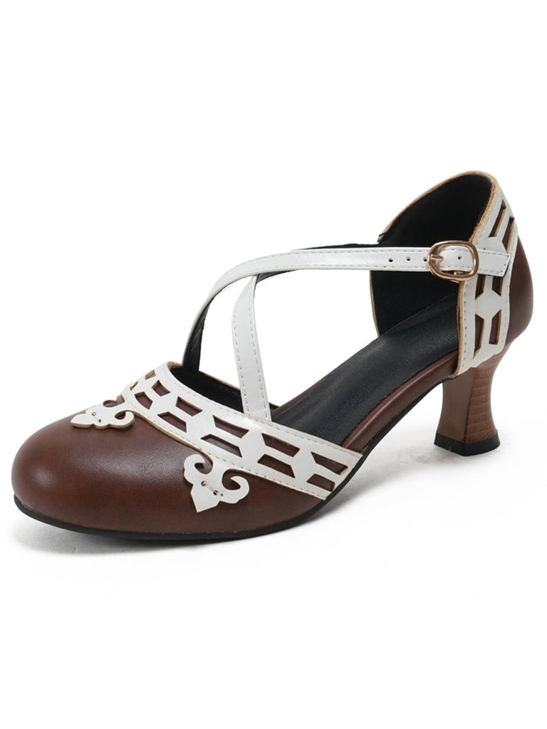 chaussures Bicolore Sangles Croisées Talon Kitten Mary Jane Chaussures 9
