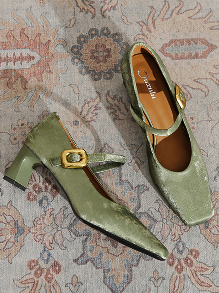 Chaussures Mary Jane à Talon Bloc Boucle Velours Vert