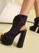 Chaussures à Bout Ouvert et Lacets à Talon Épais en Dentelle