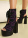 Chaussures à Bout Ouvert et Lacets à Talon Épais en Dentelle