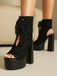 Chaussures à Bout Ouvert et Lacets à Talon Épais en Dentelle