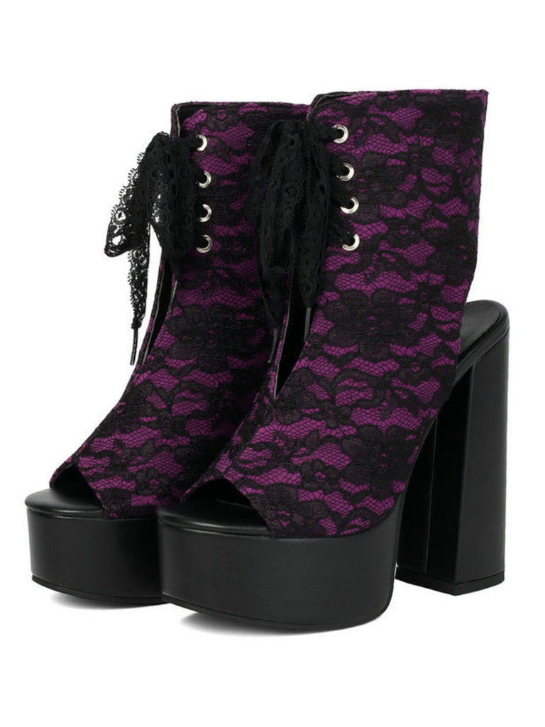 Chaussures à Bout Ouvert et Lacets à Talon Épais en Dentelle