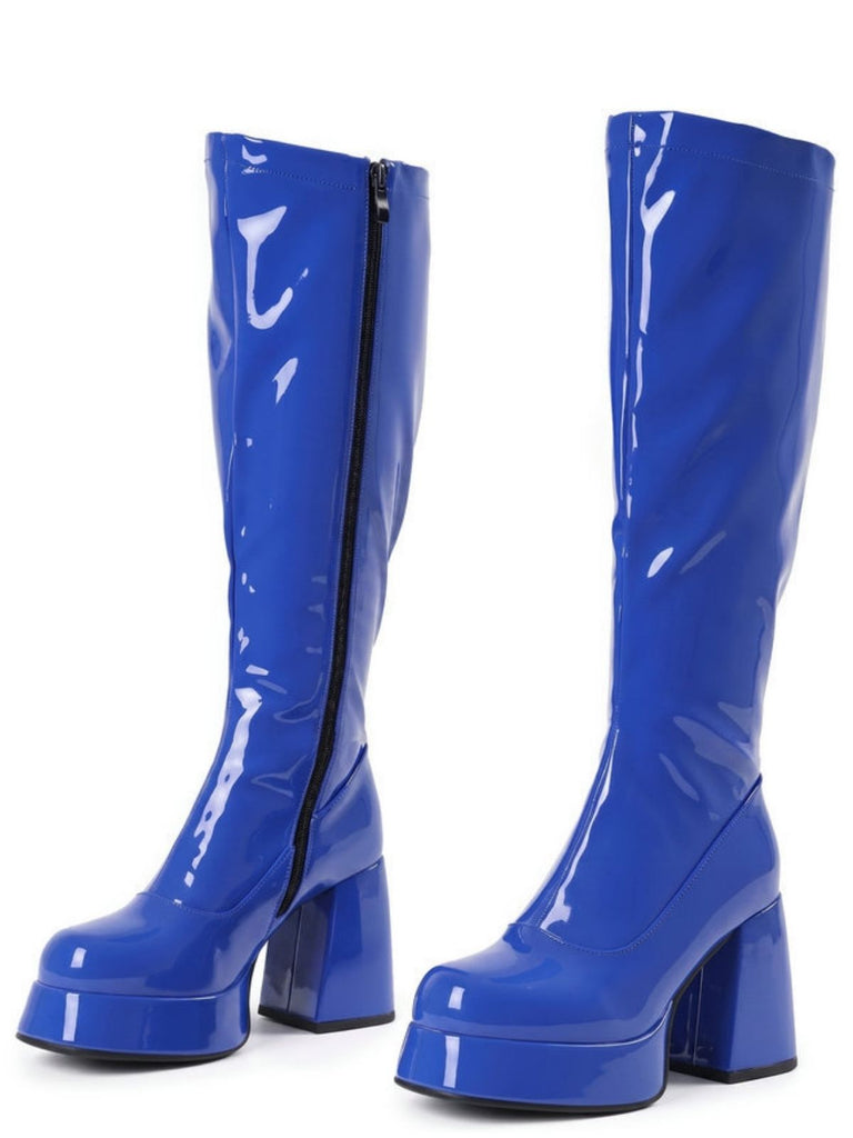 Bottes en cuir PU à bout rond, plateforme et talon épais