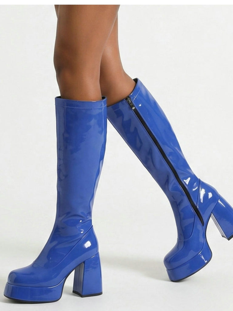 Bottes en cuir PU à bout rond, plateforme et talon épais