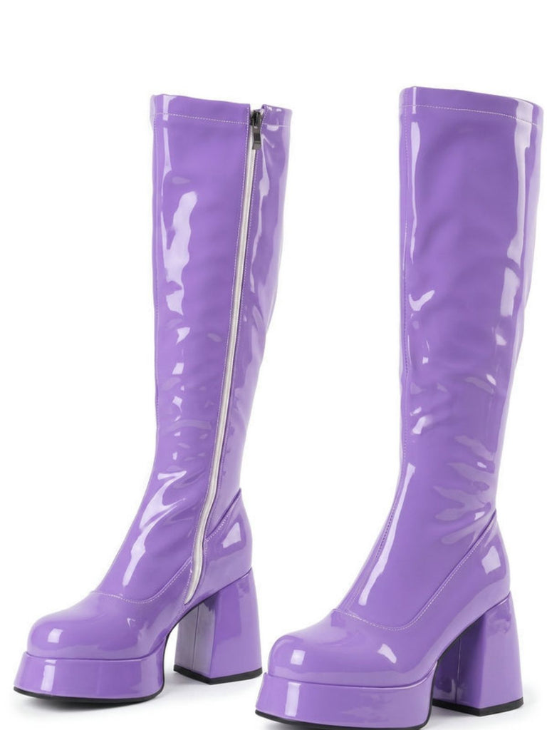 Bottes en cuir PU à bout rond, plateforme et talon épais