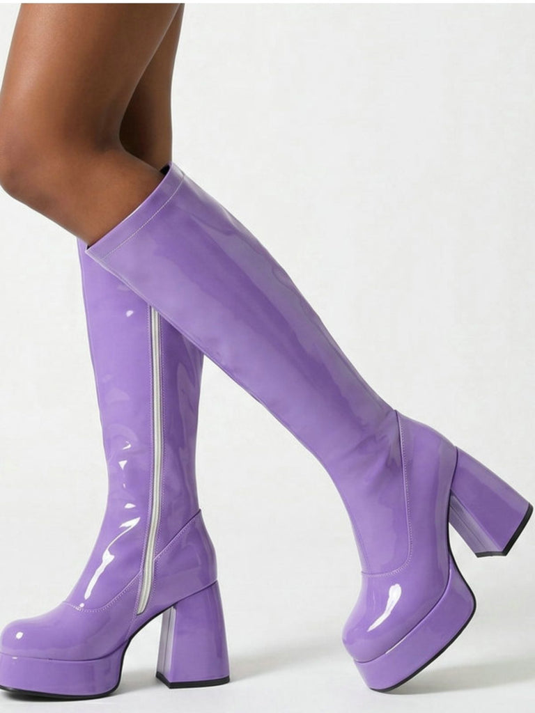 Bottes en cuir PU à bout rond, plateforme et talon épais