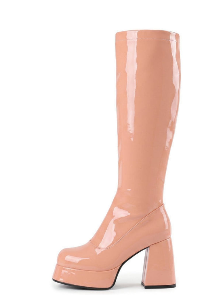 Bottes en cuir PU à bout rond, plateforme et talon épais