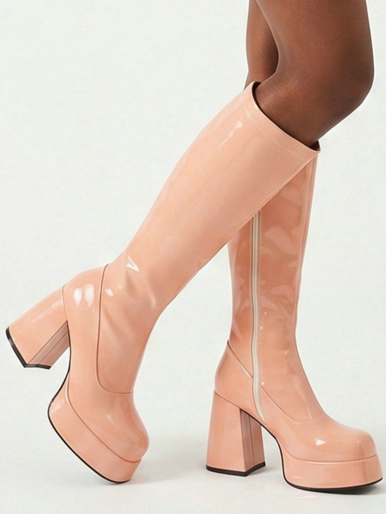Bottes en cuir PU à bout rond, plateforme et talon épais