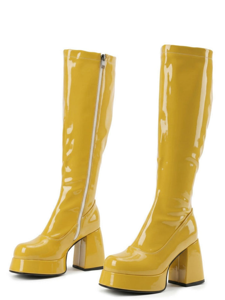 Bottes en cuir PU à bout rond, plateforme et talon épais