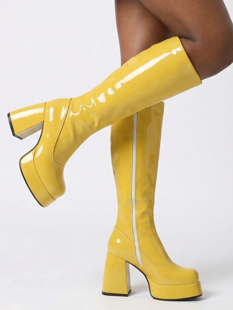 Bottes en cuir PU à bout rond, plateforme et talon épais