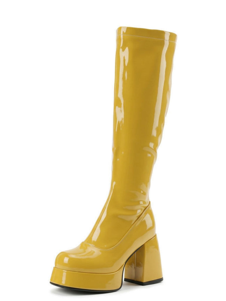 Bottes en cuir PU à bout rond, plateforme et talon épais