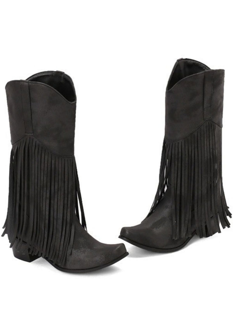 Bottes western bohèmes à franges, talon épais et hauteur mi-mollet