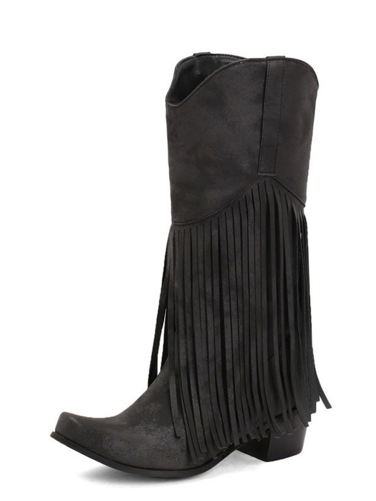 Bottes western bohèmes à franges, talon épais et hauteur mi-mollet