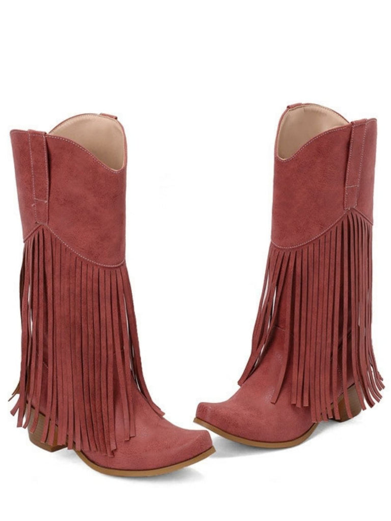 Bottes western bohèmes à franges, talon épais et hauteur mi-mollet