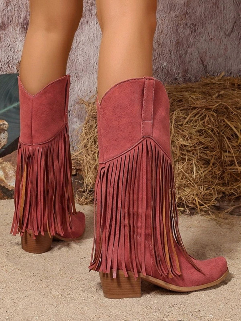 Bottes western bohèmes à franges, talon épais et hauteur mi-mollet