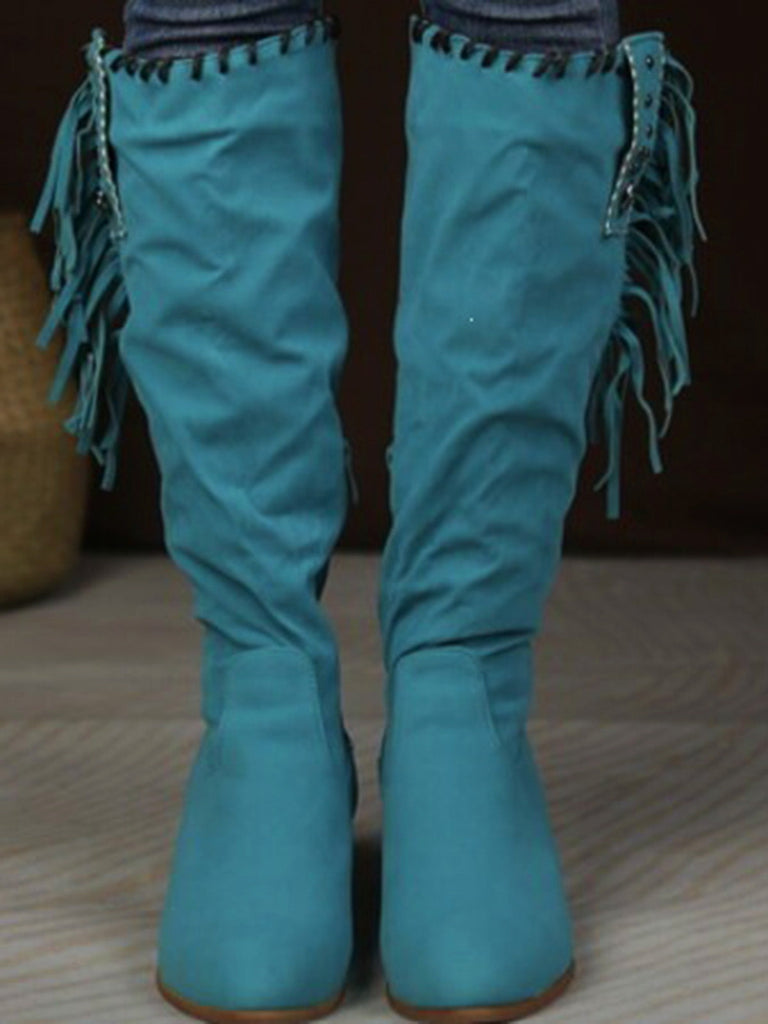 Bottes hautes marron en daim à pompons ethniques et talon épais