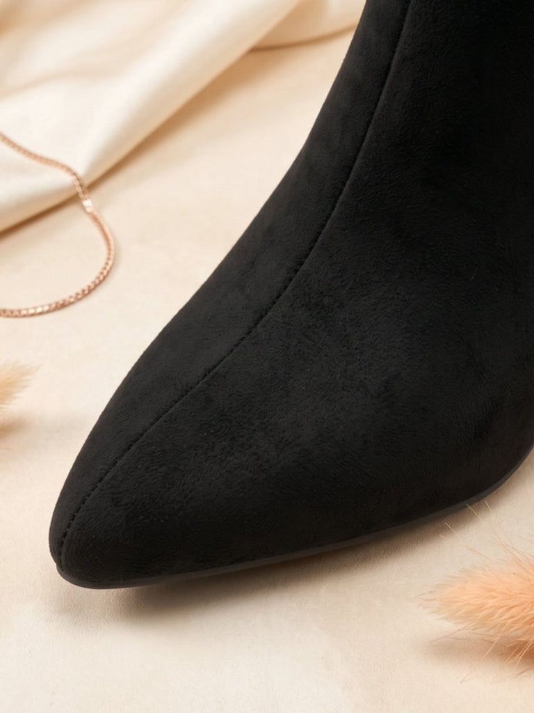 Bottines noires en flanelle à nœud, strass et talon conique