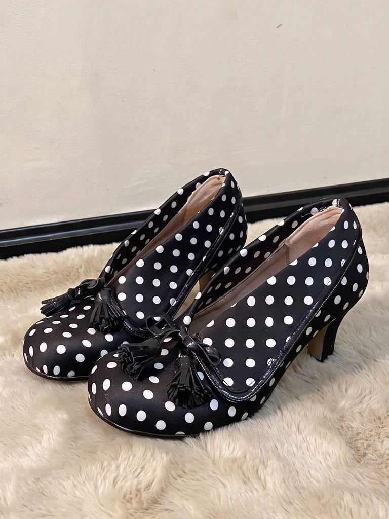 Chaussures à talons hauts vintage à pois, nœud et pampilles - 2