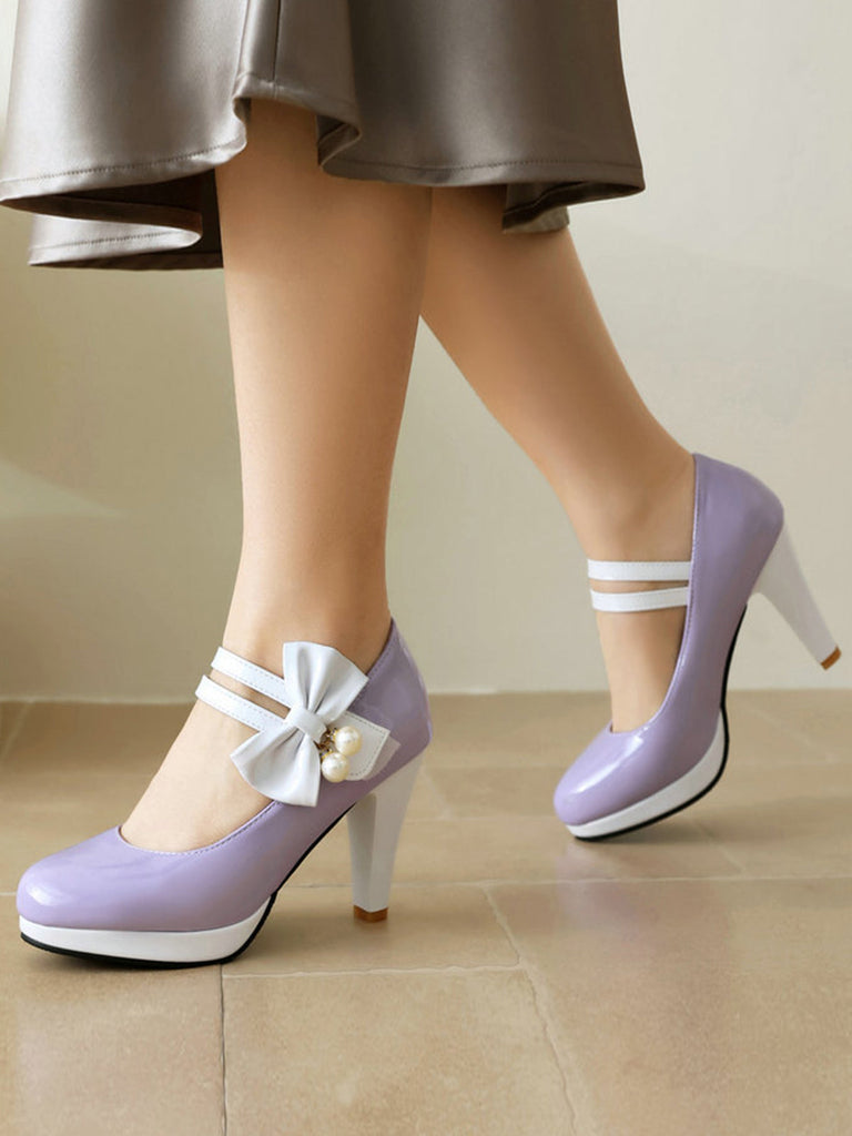 Chaussures à talons hauts Mary Jane avec nœud latéral et bloc de couleurs
