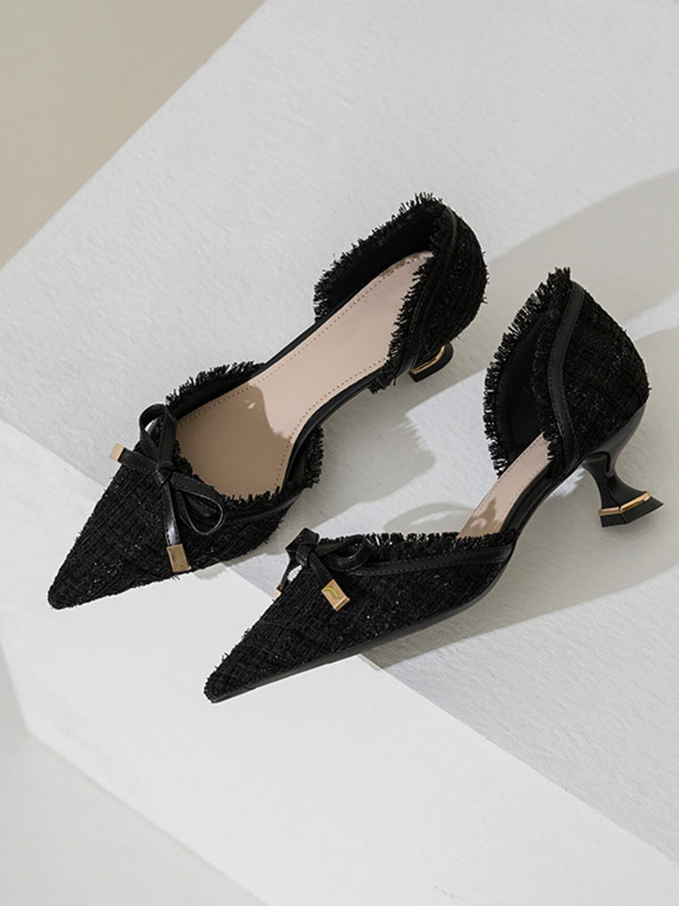 Escarpins à bout pointu rétro en tweed avec nœud