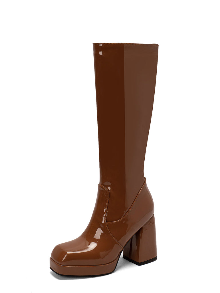 Bottes à talons hauts solides en cuir verni à bout rond