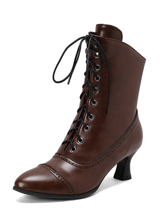 Bottines Victoriennes Marrons à Bout Pointu Lacets et Petit Talon