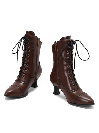 Bottines Victoriennes Marrons à Bout Pointu Lacets et Petit Talon