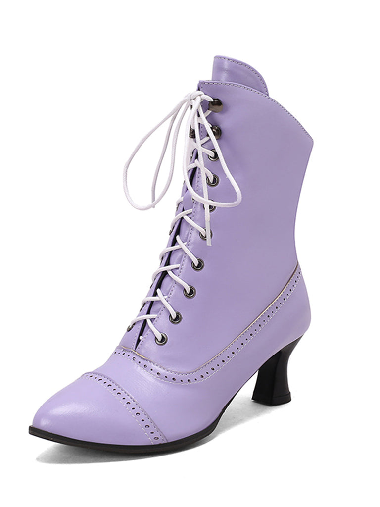 Bottines Victoriennes Violettes à Bout Pointu Lacets et Petit Talon