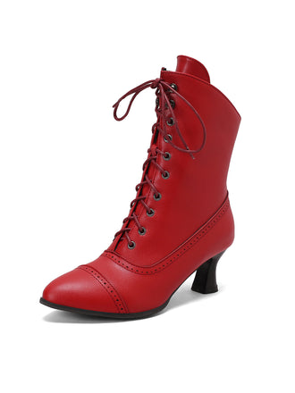 Bottines Victoriennes Rouges à Bout Pointu Lacets et Petit Talon