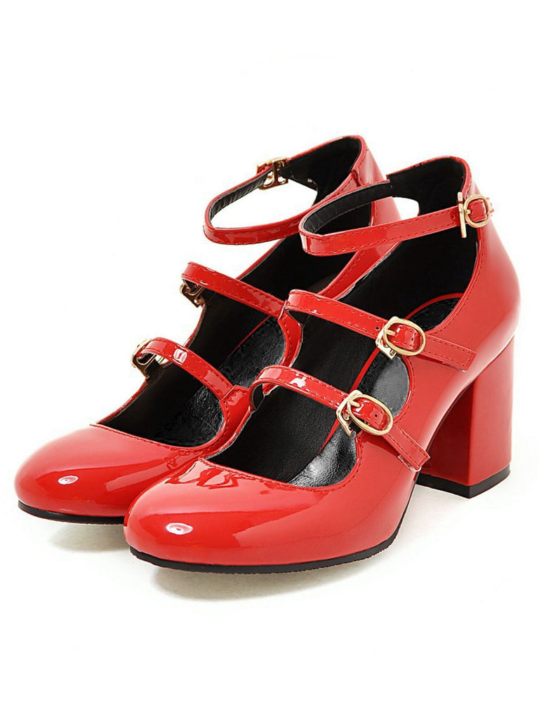Escarpins à talons hauts en cuir verni vintage à boucles multiples