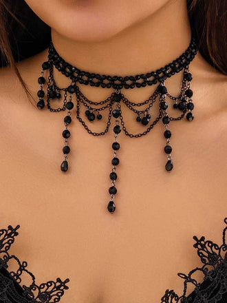 Collier pendentif gothique à pampilles en cristal artificiel noire