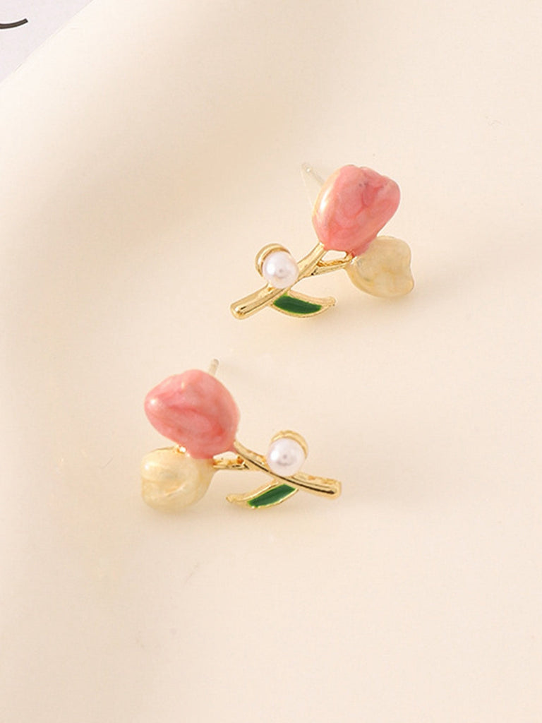 Boucles d'oreilles puces en perles et fleurs de tulipe rose