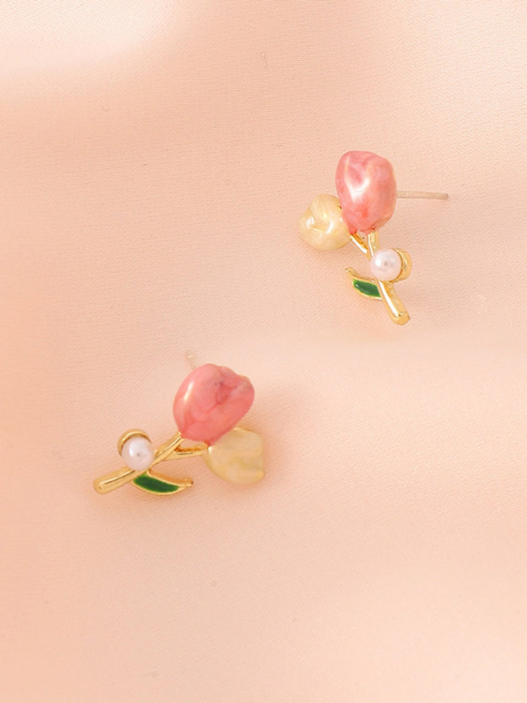 Boucles d'oreilles puces en perles et fleurs de tulipe rose