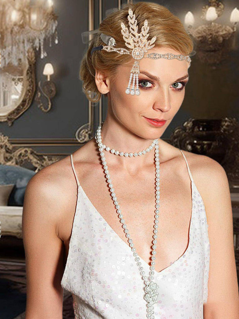 Ensemble Bandeau en Alliage de Plumes et Collier de Perles Gatsby