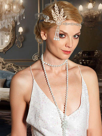 Ensemble Bandeau en Alliage de Plumes et Collier de Perles Gatsby