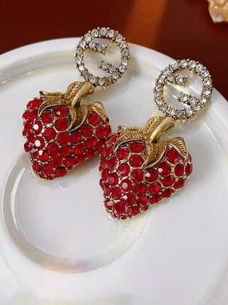 Boucles d'Oreilles Fraise Métal Strass Rouge 2