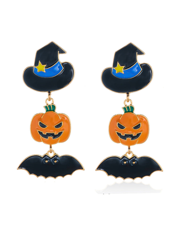Boucles d’oreilles émaillées d’Halloween à citrouille, chapeau de sorcier, chauve-souris et bonbon