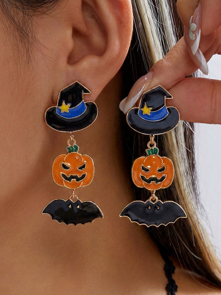 Boucles d’oreilles émaillées d’Halloween à citrouille, chapeau de sorcier, chauve-souris et bonbon