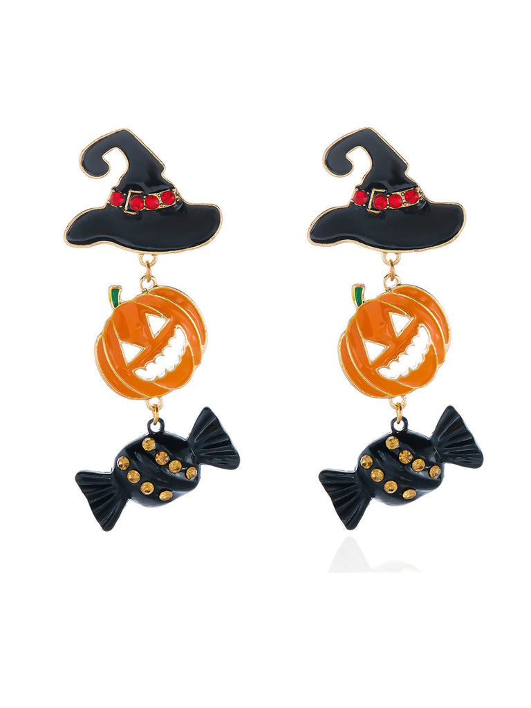 Boucles d’oreilles émaillées d’Halloween à citrouille, chapeau de sorcier, chauve-souris et bonbon