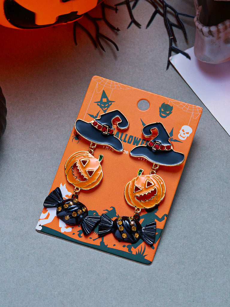 Boucles d’oreilles émaillées d’Halloween à citrouille, chapeau de sorcier, chauve-souris et bonbon