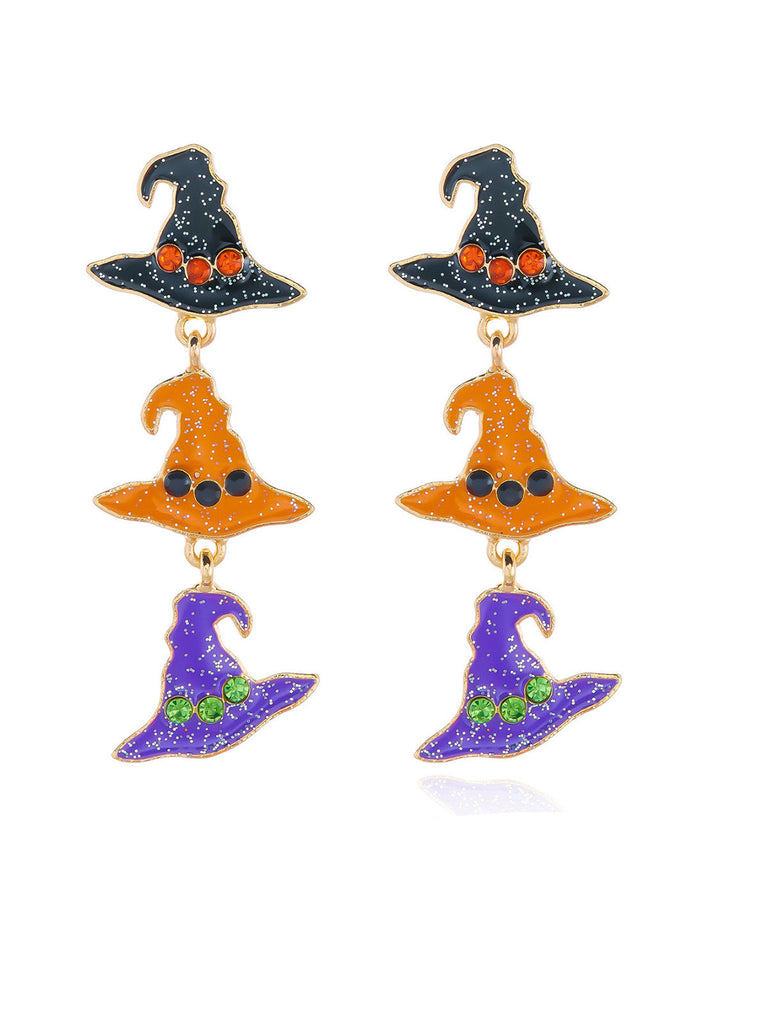 Boucles d’oreilles émaillées d’Halloween à citrouille, chapeau de sorcier, chauve-souris et bonbon