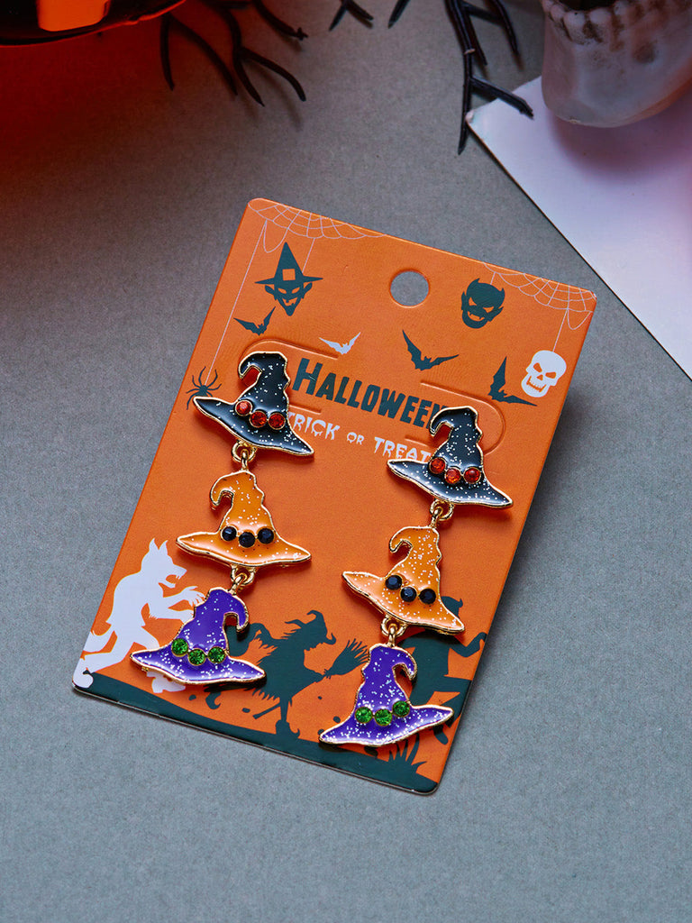 Boucles d’oreilles émaillées d’Halloween à citrouille, chapeau de sorcier, chauve-souris et bonbon