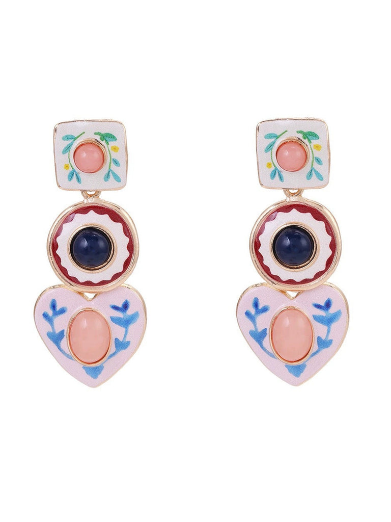 Boucles d’oreilles pendantes colorées en émail à fleurs géométriques - 1