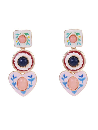 Boucles d’oreilles pendantes colorées en émail à fleurs géométriques - 1