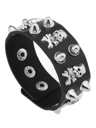 Bracelet manchette punk en cuir clouté à crâne