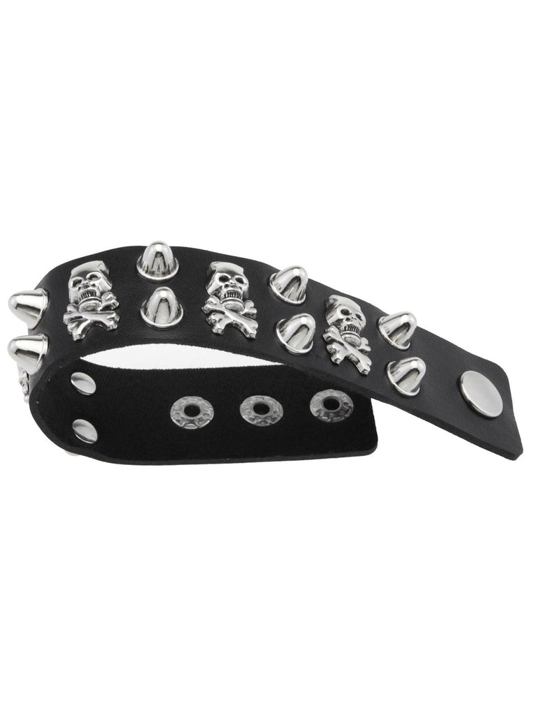 Bracelet manchette punk en cuir clouté à crâne