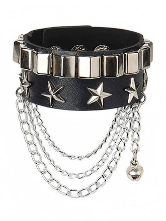 Bracelet noir en cuir à étoiles cloutées et chaînes superposées - 1