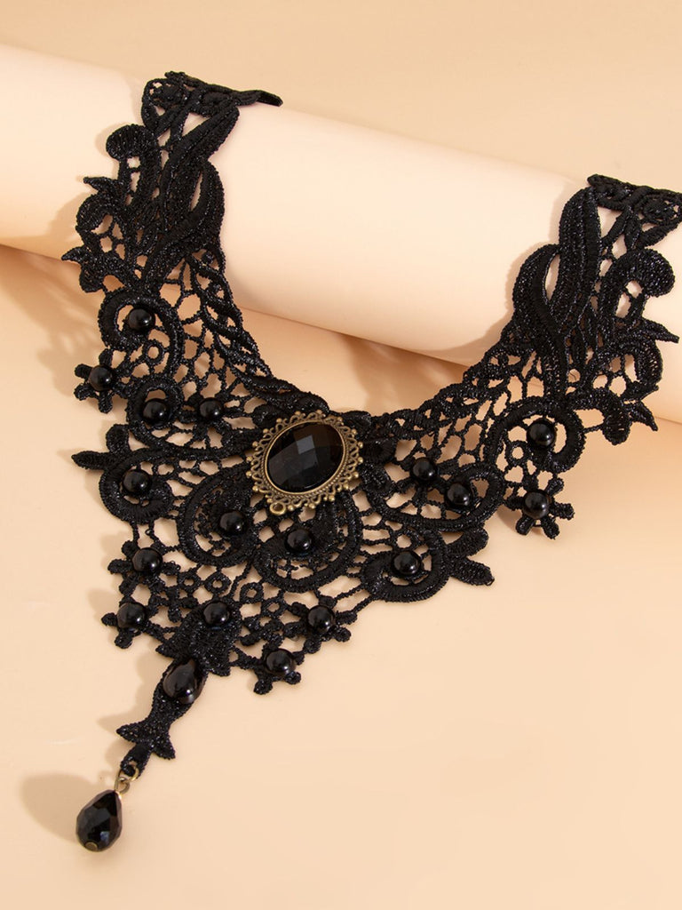 Collier ras-de-cou gothique victorien en dentelle avec pendentif en pierre