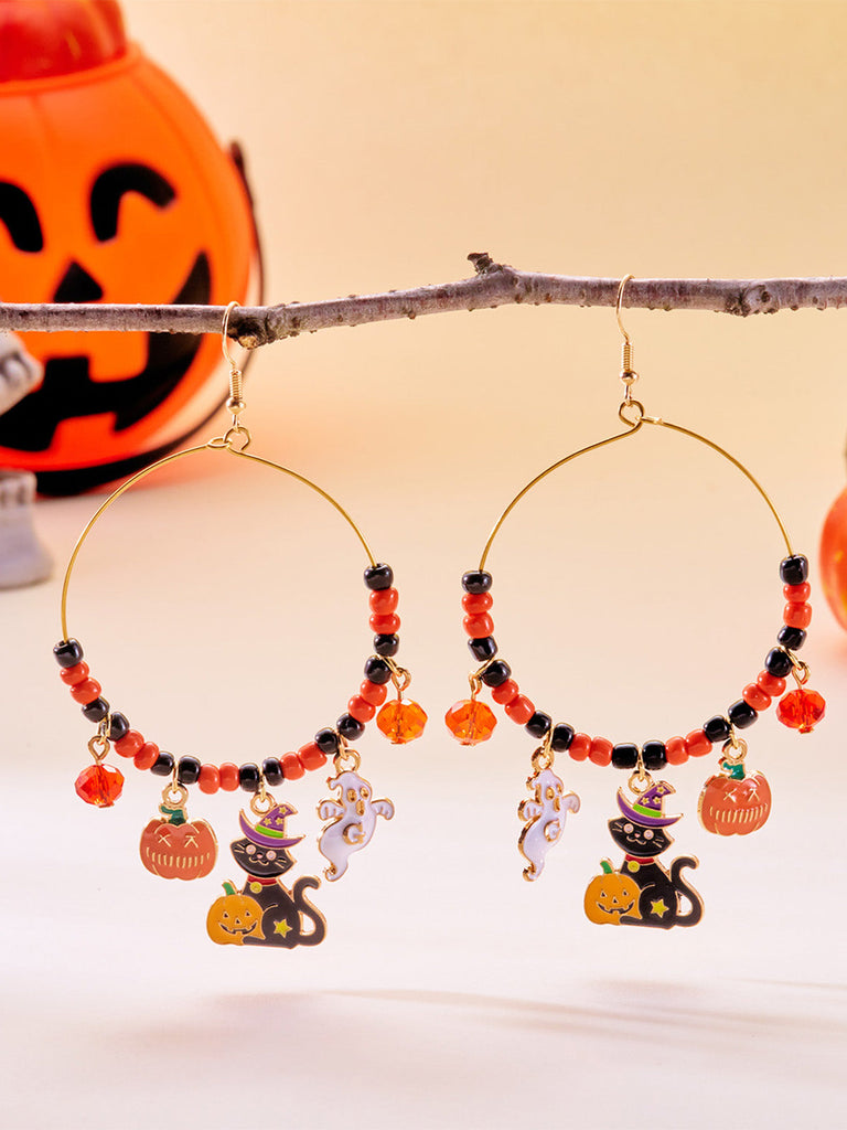 Boucles d’oreilles créoles vintage d’Halloween avec breloques citrouille et chat